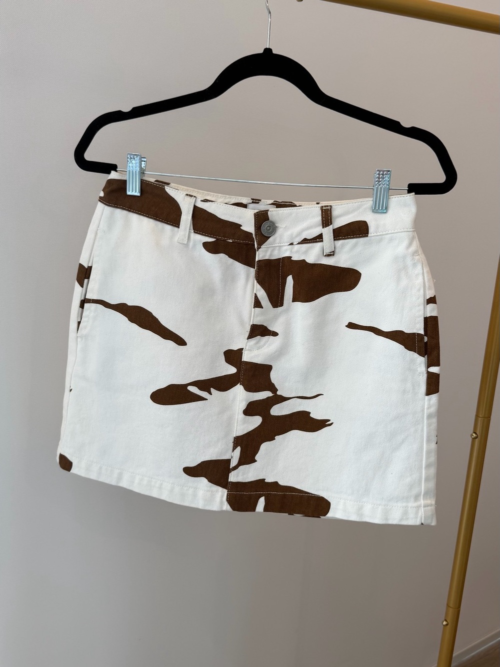 Urban Outfitters Denim White and Brown Cowhide Print Mini Skirt